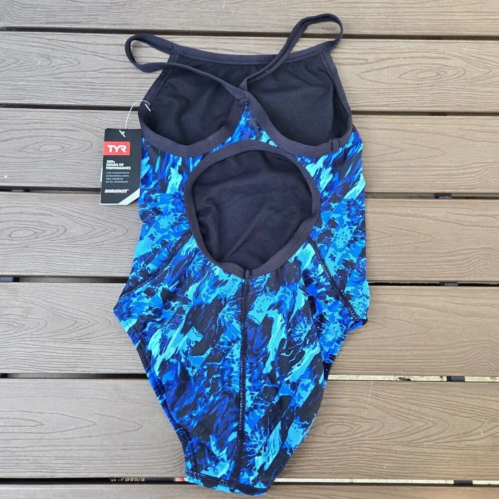 TYR DuraFast Elite Glisade DiamondFit 1 Piece Swim Youth Girl blue Sz 26 New